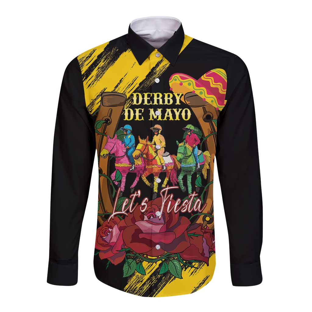 Unisex long sleeve button shirt, black with yellow front graphic and colorful “Let’s Fiesta” print