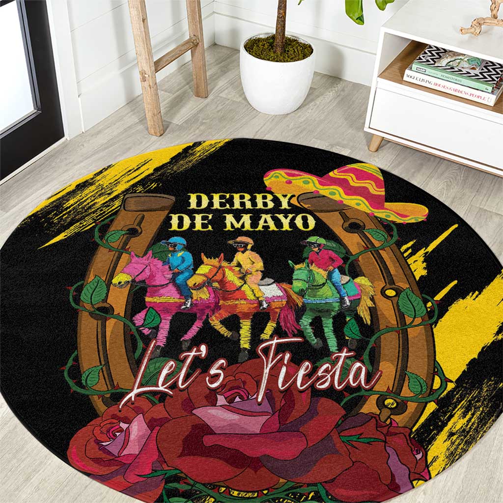 Black round carpet featuring a horse-racing mural and “Let’s Fiesta” lettering