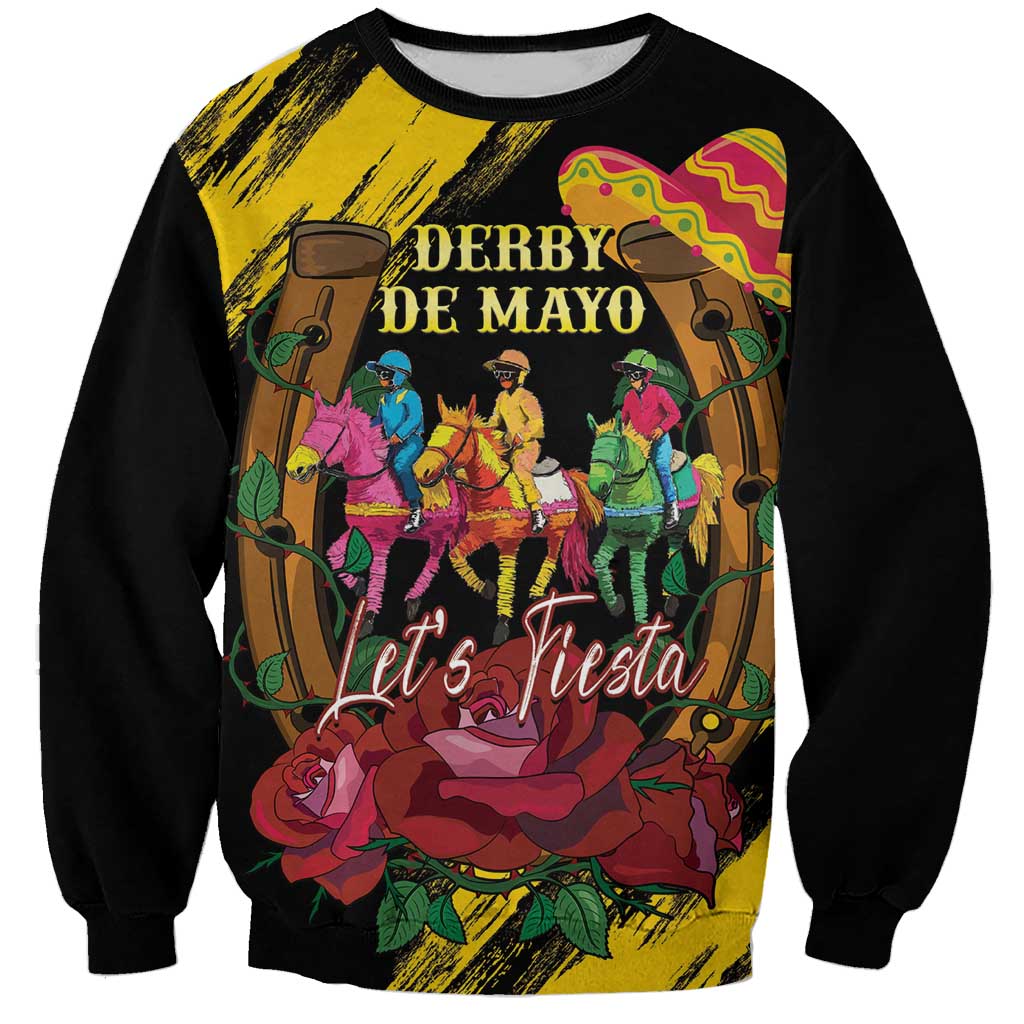 Unisex black sweatshirt with colorful horse-racing "Let's Fiesta" graphic front