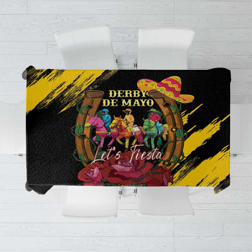 Black and yellow Derby De Mayo tablecloth with “Let’s Fiesta” centerpiece print