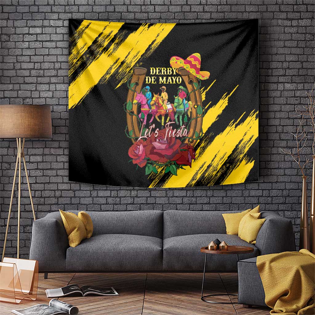 Black hanging tapestry with yellow diagonal brush stripes and colorful horse-racing pinata graphic