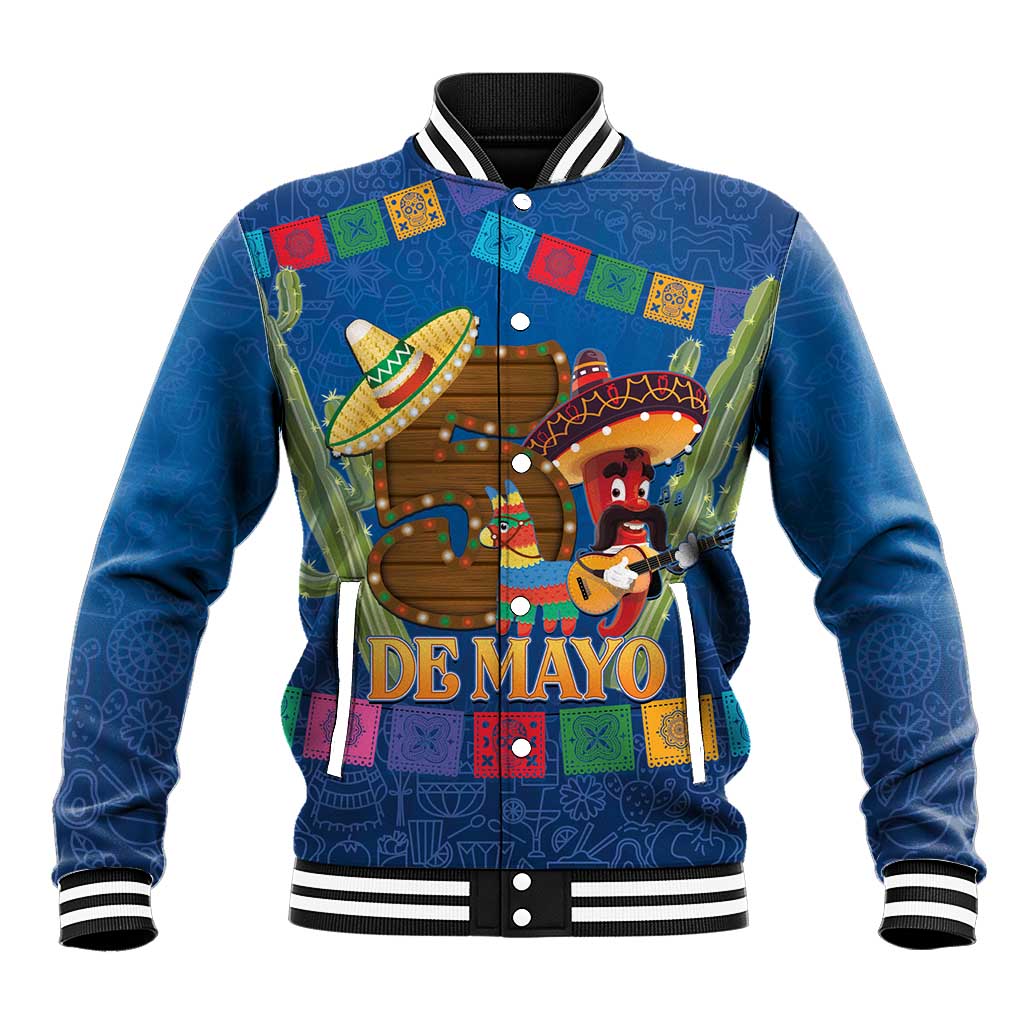 Blue varsity baseball jacket with striped collar/cuffs and colorful Cinco de Mayo front graphic