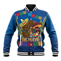 Blue varsity baseball jacket with striped collar/cuffs and colorful Cinco de Mayo front graphic