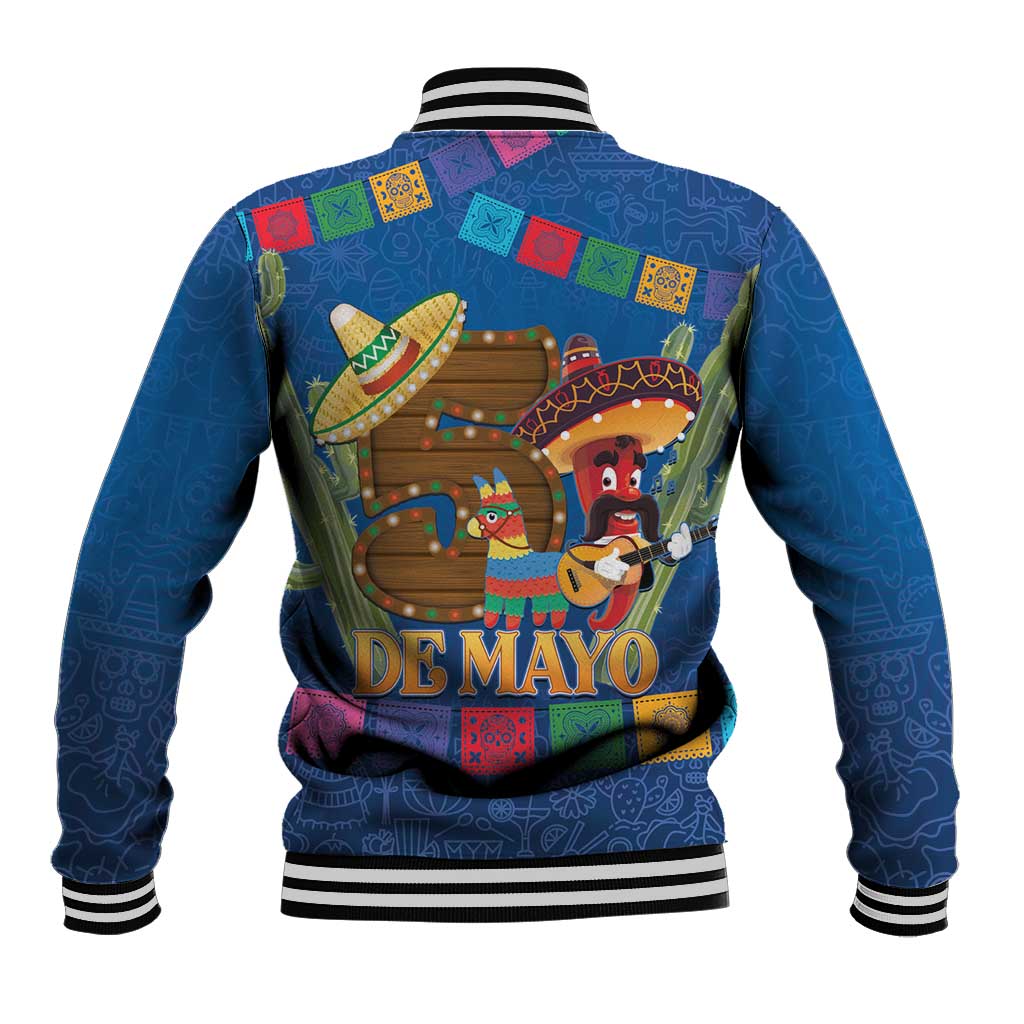 Blue varsity baseball jacket with ribbed striped cuffs and colorful Cinco de Mayo back graphic