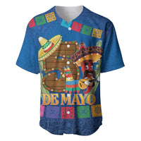 Blue baseball jersey with 'De Mayo' front graphic, short sleeves, button placket