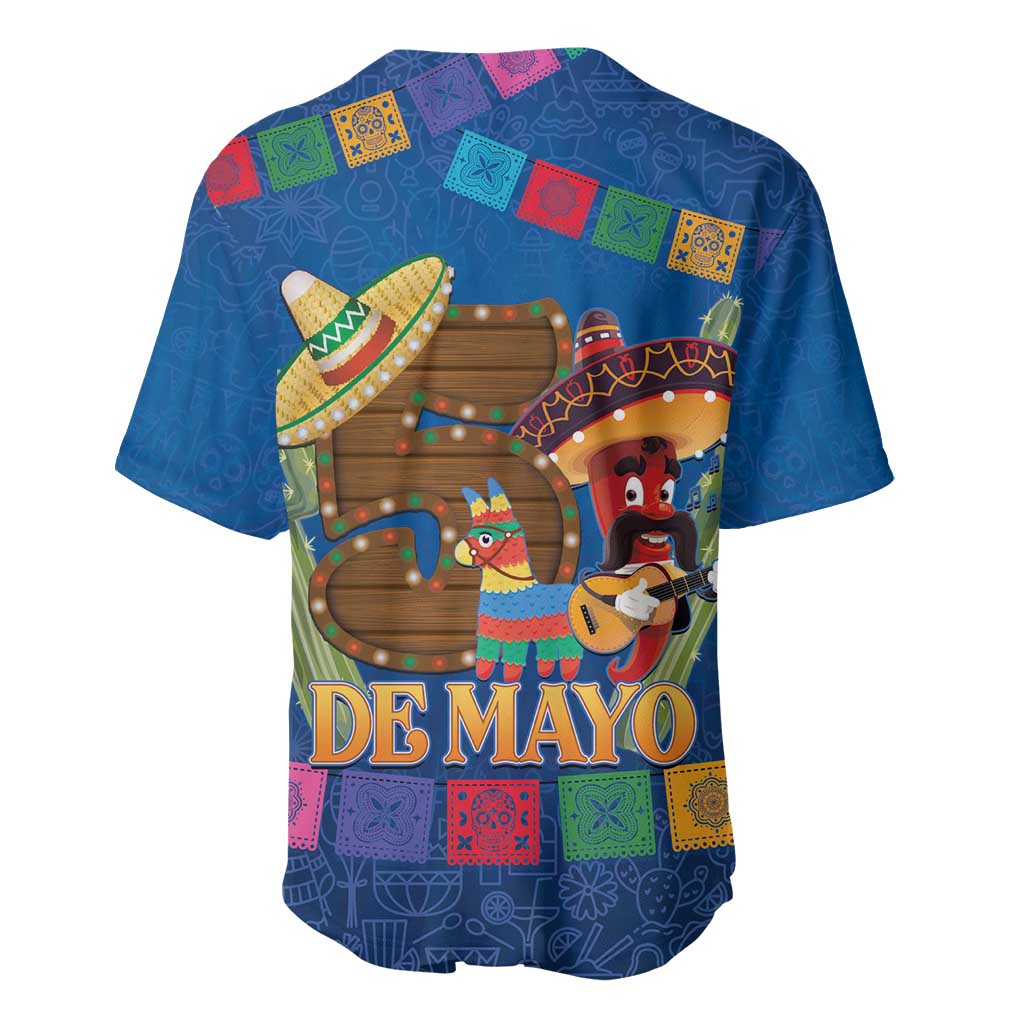 Blue baseball jersey with colorful 'De Mayo' back graphic, short sleeves, button placket