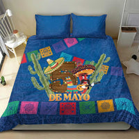 Blue bedding set with two pillows, 'DE MAYO' artwork with cacti, sombrero figures and squares