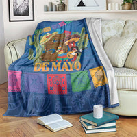 Blue Cinco de Mayo blanket with cactus, sombrero, chili peppers, and 'DE MAYO' text