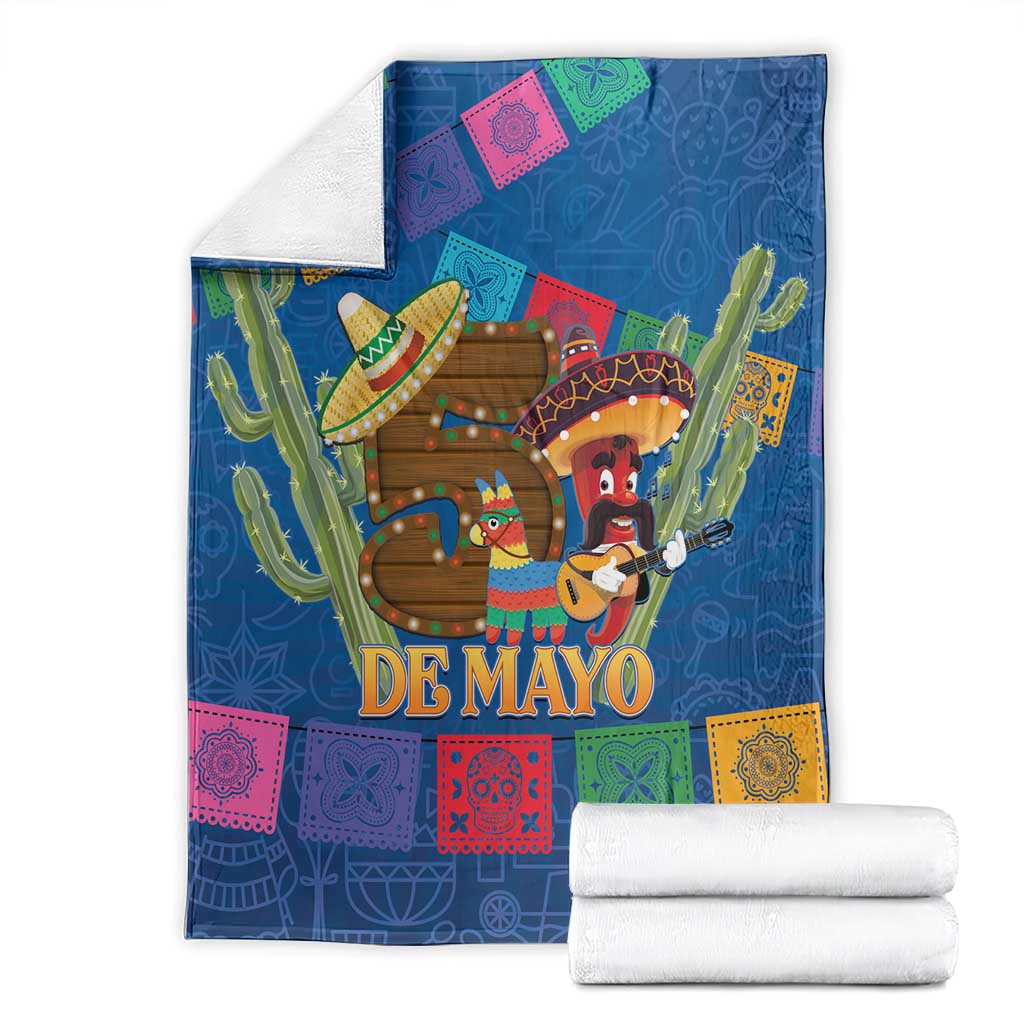Blue Cinco de Mayo blanket flat with 'DE MAYO' lettering, cactus and sombrero figures
