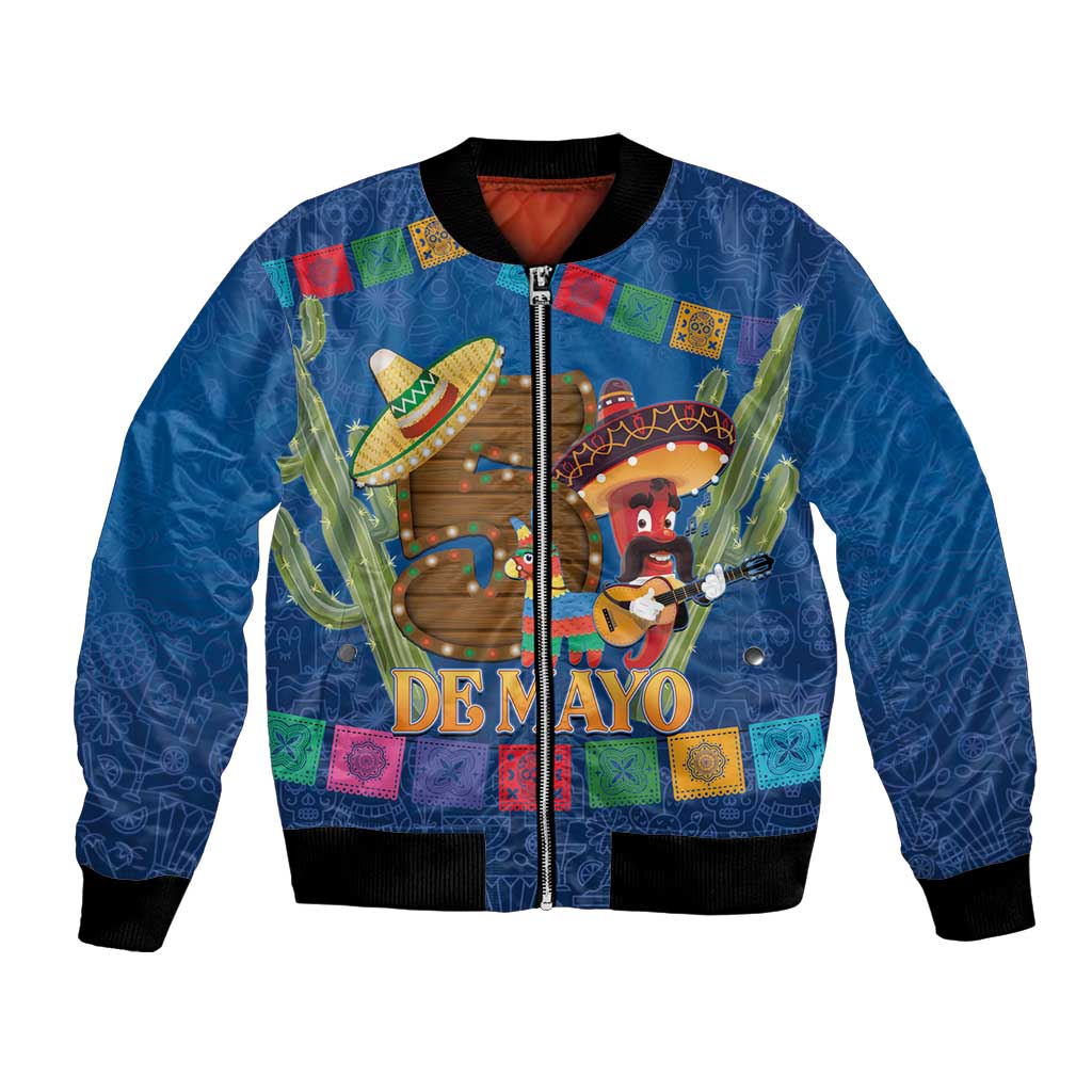 Blue bomber jacket with black ribbed trim, front zipper, colorful Cinco de Mayo print