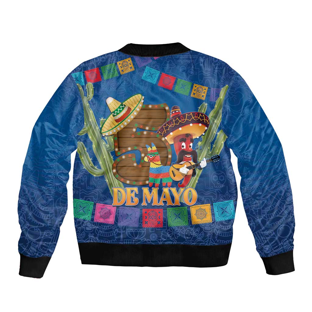 Blue bomber jacket with black ribbed trim and colorful Cinco de Mayo front graphic
