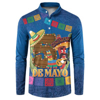 Blue button sweatshirt with 'De Mayo' graphic and sombrero characters, long sleeves