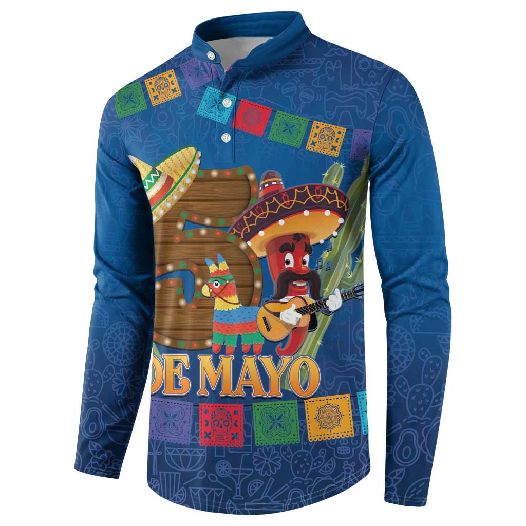 Blue button sweatshirt front design with 'De Mayo' banner, mariachi and sombreros