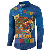 Blue button sweatshirt front design with 'De Mayo' banner, mariachi and sombreros