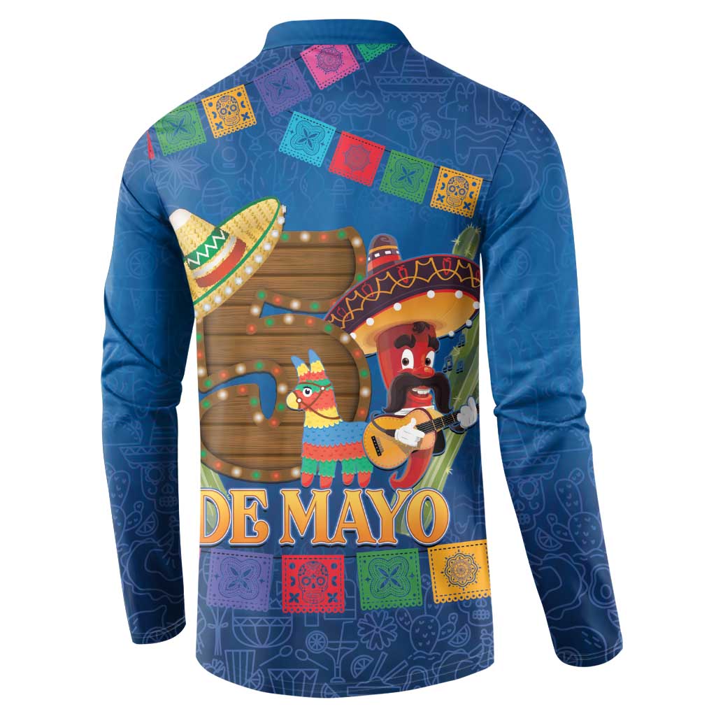 Blue button sweatshirt back design with 'De Mayo' banner and colorful mariachi figures