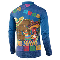 Blue button sweatshirt back design with 'De Mayo' banner and colorful mariachi figures