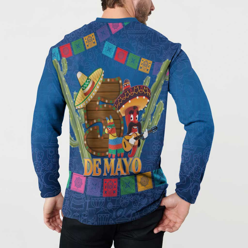 Blue button sweatshirt worn by model, back graphic with 'De Mayo' banner