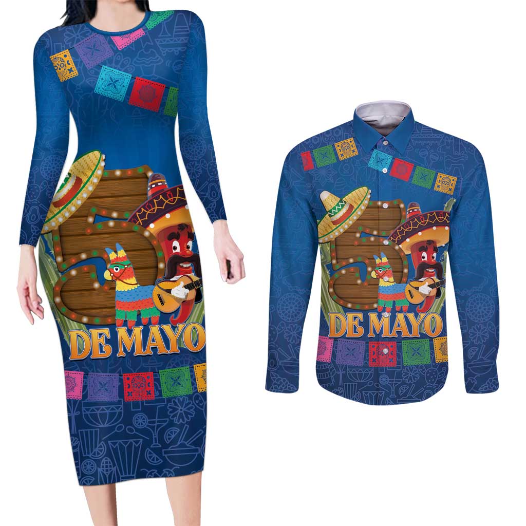 Mexico Cinco De Mayo 2025 Couples Matching Long Sleeve Bodycon Dress and Long Sleeve Button Shirt Chili Pepper Let's Fiesta