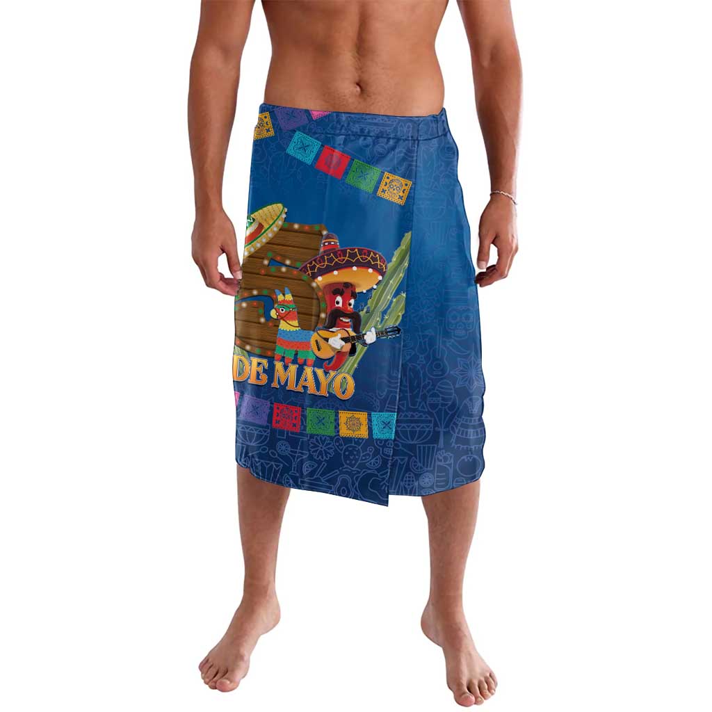 Men's blue wrap skirt with colorful Cinco de Mayo print and banner lettering
