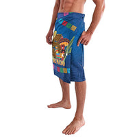 Men's blue wrap skirt side view with colorful Cinco de Mayo front graphic