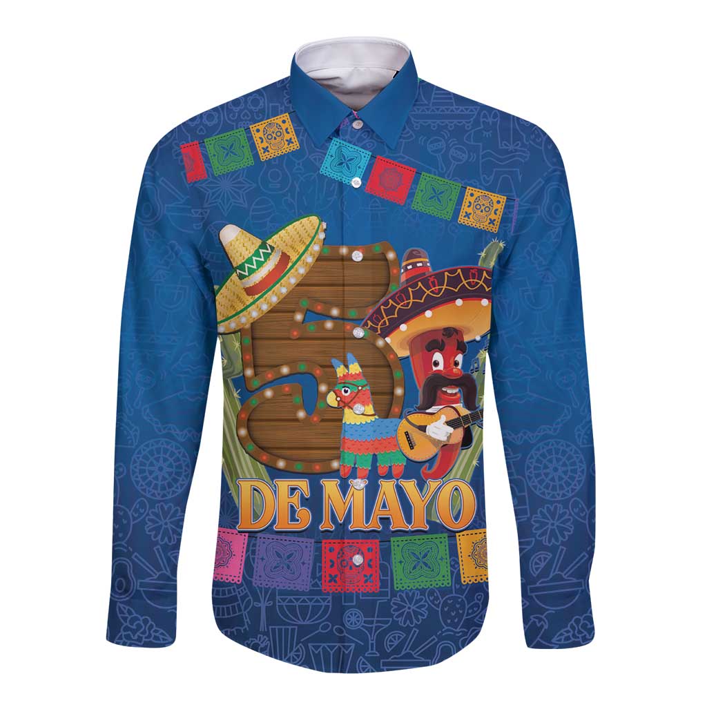 Blue long-sleeve button shirt with colorful fiesta graphic and “De Mayo” print