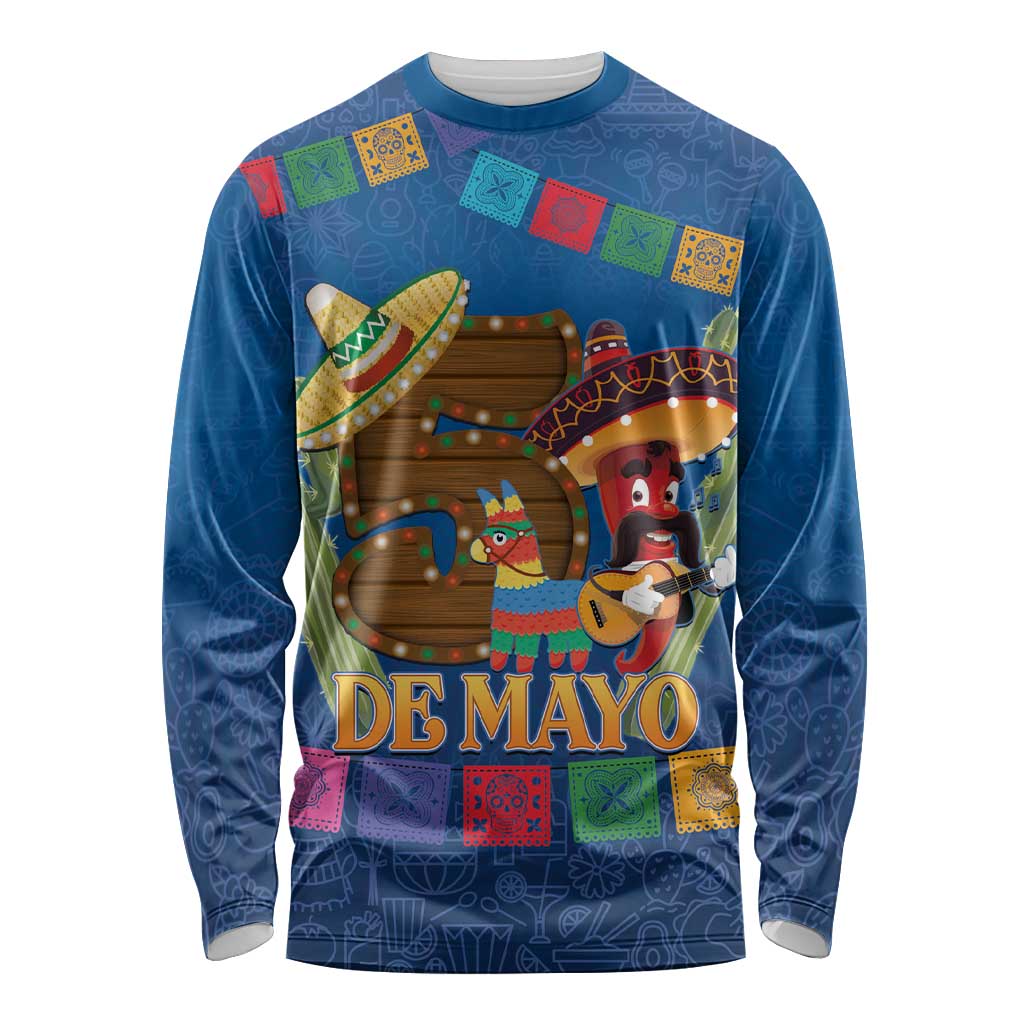 Blue long-sleeve unisex shirt with colorful De Mayo graphic featuring sombrero and dancers