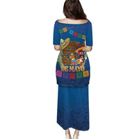 Blue long dress with short sleeves and colorful Cinco de Mayo graphic back