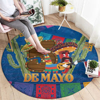 Round blue De Mayo carpet with mariachi musicians, cactus accents, and "DE MAYO" lettering