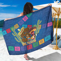 Blue Cinco de Mayo sarong with colorful banner, cacti and 'DE MAYO' graphic