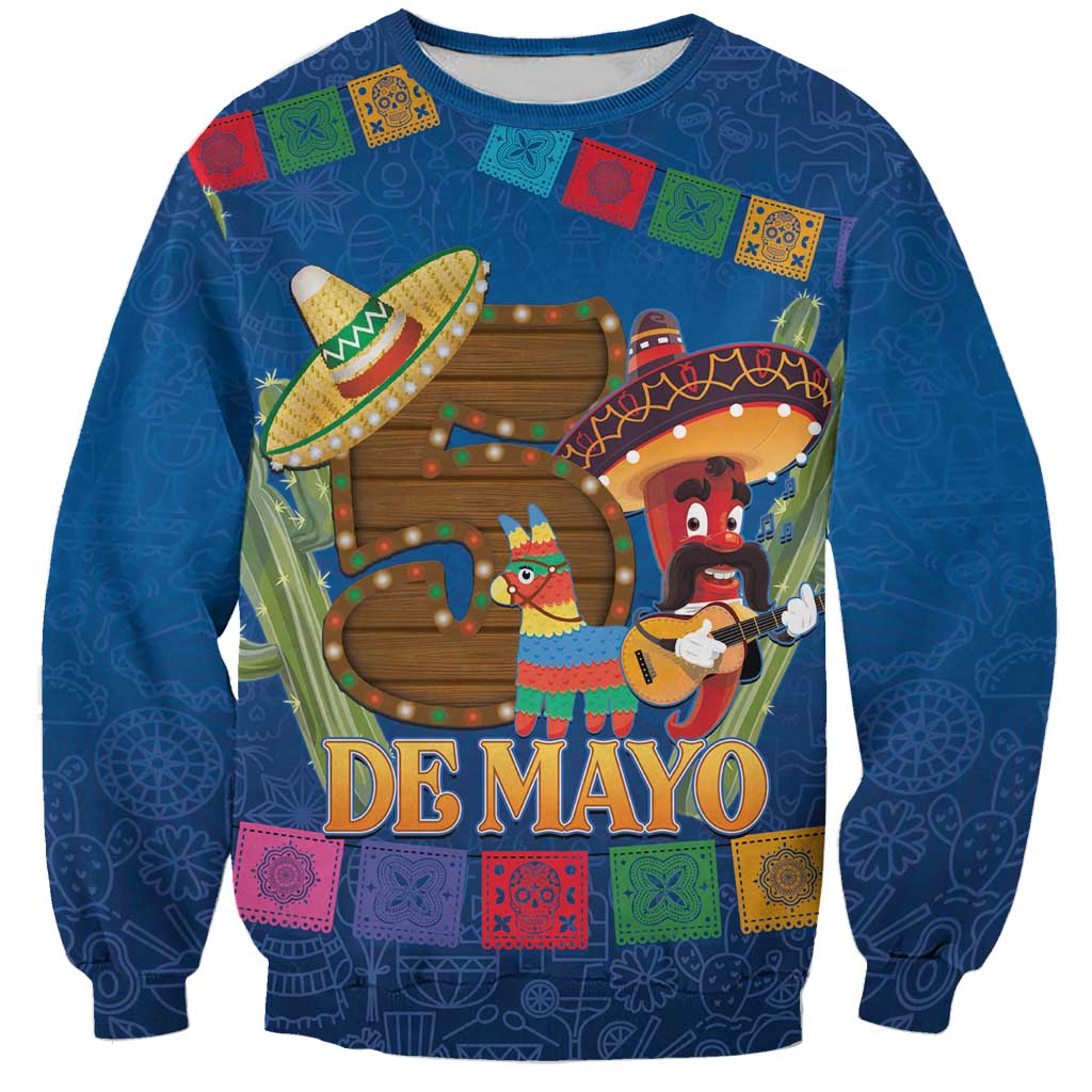 Blue unisex sweatshirt with long sleeves and colorful Cinco de Mayo graphic print