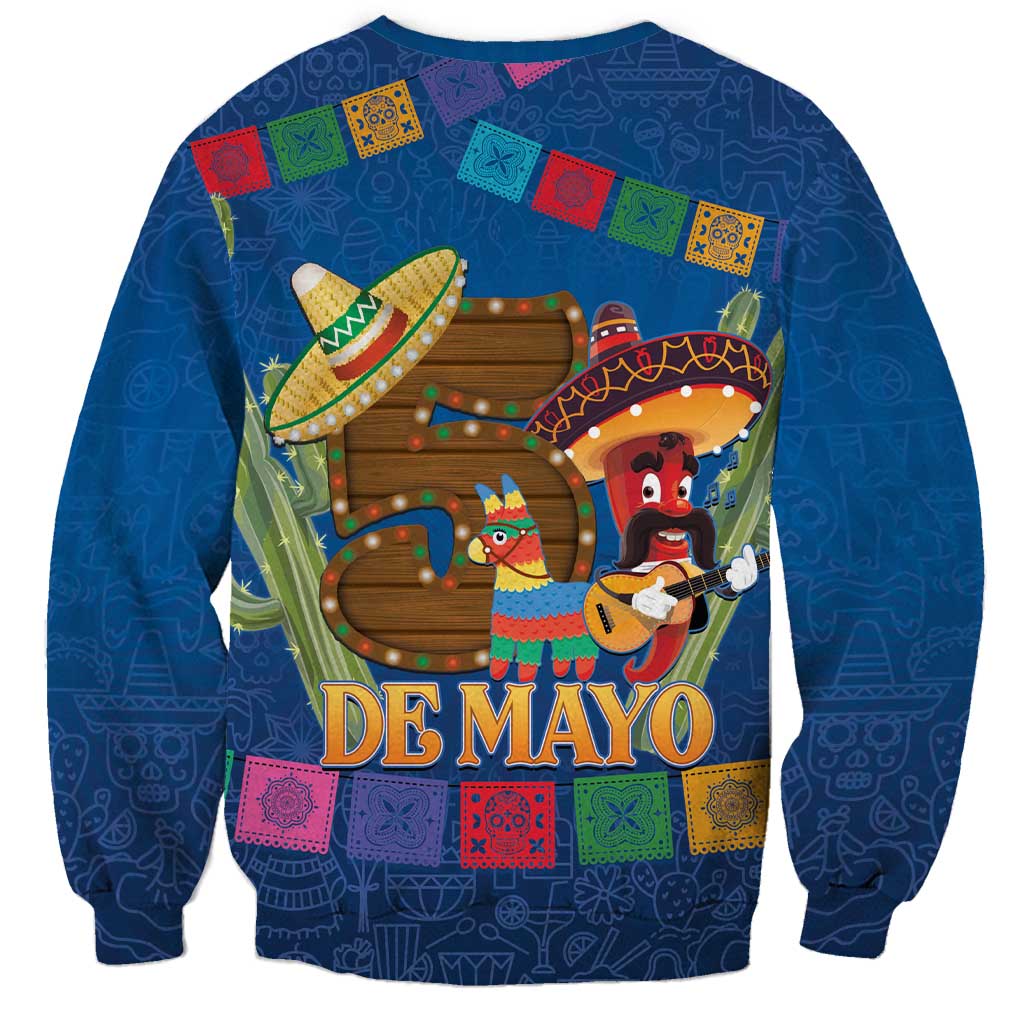 Blue long-sleeve sweatshirt featuring Cinco de Mayo themed front graphic and text