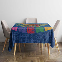 Blue Cinco de Mayo tablecloth on dining table with bright square border