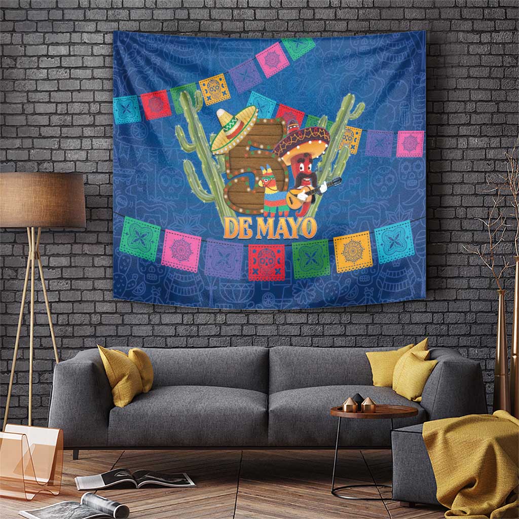 Blue Cinco de Mayo tapestry with colorful flags, sombrero figure, and cactus