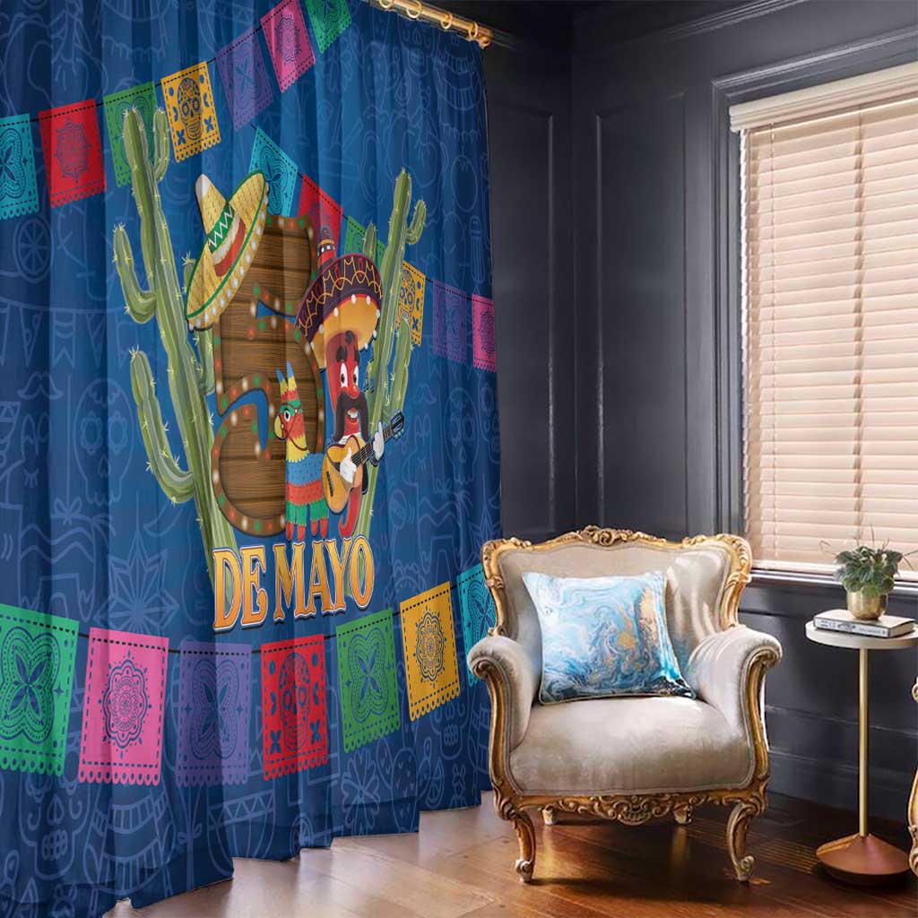 Blue window curtain with cactus, sombrero figure, and multicolor festive banner print.