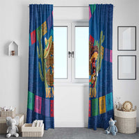 Blue window curtains with multicolor fiesta print, cactus and sombrero character illustration.