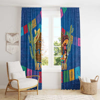 Blue window curtain pair with festive cactus and celebratory figure artwork on each panel.