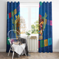 Pair of blue window curtains with colorful cactus and celebratory character artwork.