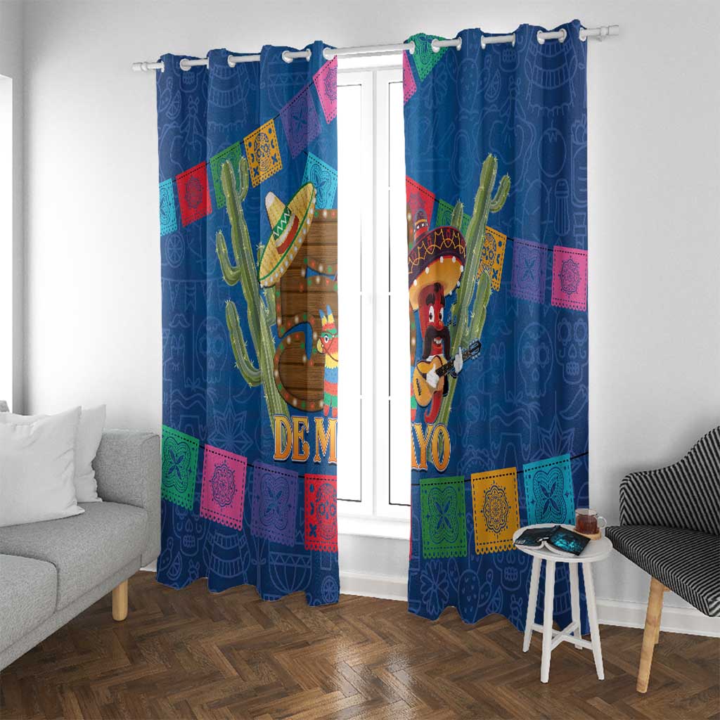 Blue window curtains with colorful fiesta scene, cactus plants, and sombrero figure.