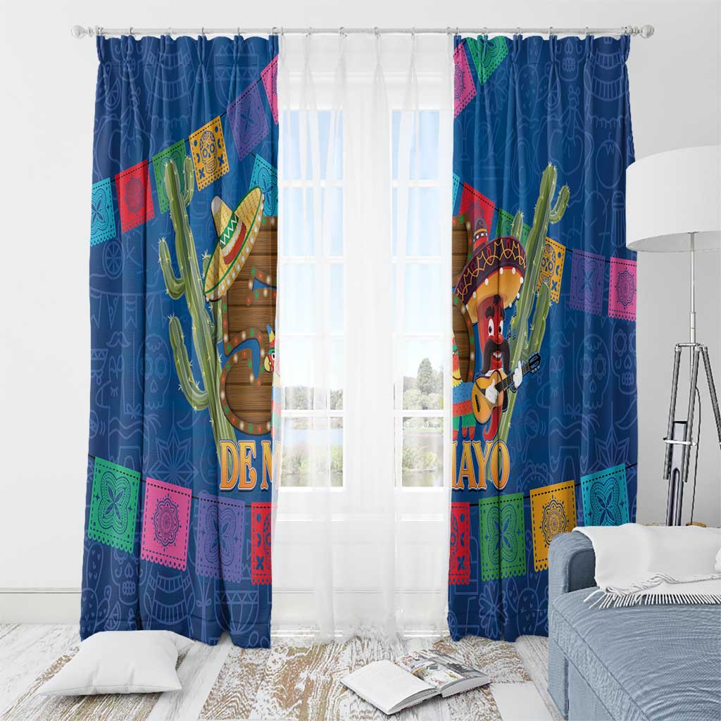 Blue window curtain panels with multicolor cactus and sombrero character festive print.
