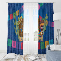 Blue window curtain panels with multicolor cactus and sombrero character festive print.