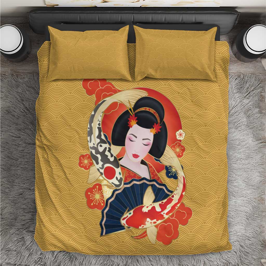 Japanese Geisha Koi Fish Bedding Set Cherry Blossoms Yellow Seigaiha Pattern - Wonder Print Shop