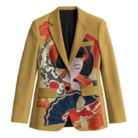 Japanese Geisha Koi Fish Blazer Cherry Blossoms Yellow Seigaiha Pattern - Wonder Print Shop