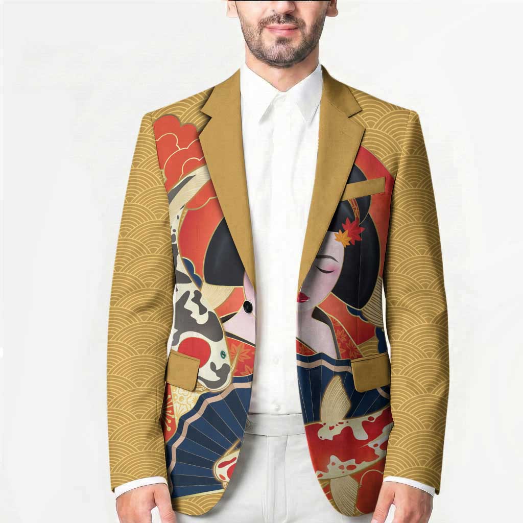 Japanese Geisha Koi Fish Blazer Cherry Blossoms Yellow Seigaiha Pattern - Wonder Print Shop
