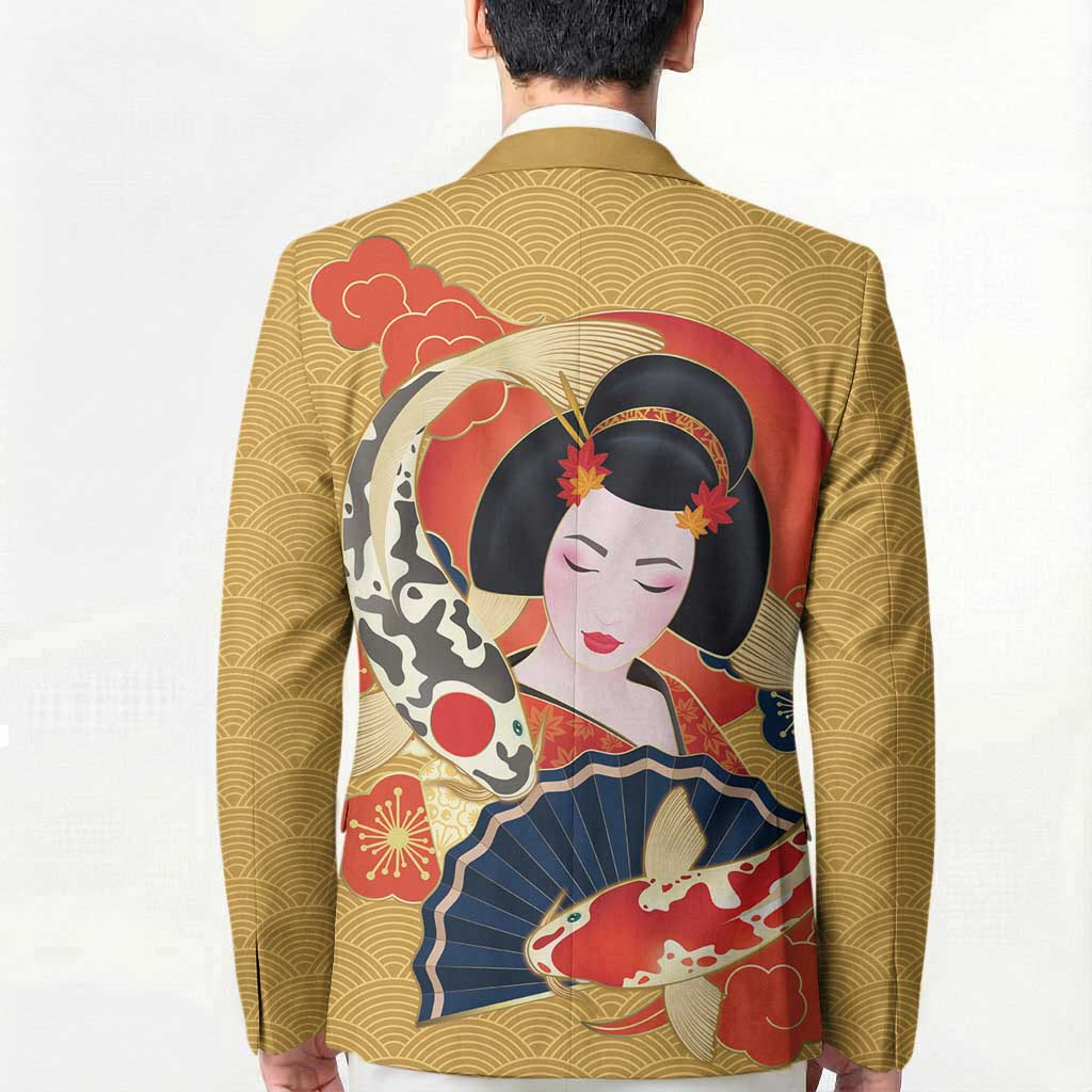 Japanese Geisha Koi Fish Blazer Cherry Blossoms Yellow Seigaiha Pattern - Wonder Print Shop