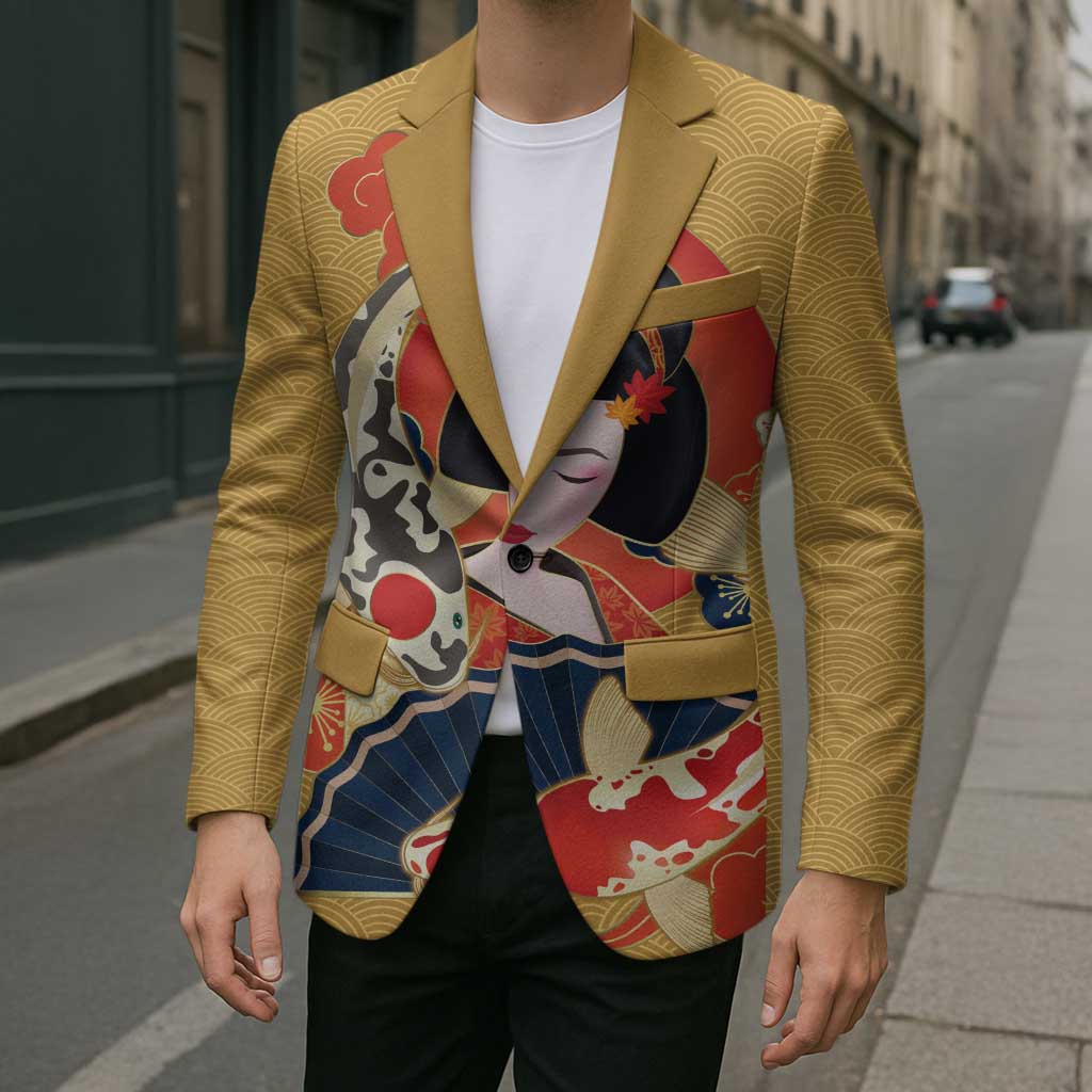 Japanese Geisha Koi Fish Blazer Cherry Blossoms Yellow Seigaiha Pattern - Wonder Print Shop