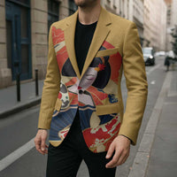 Japanese Geisha Koi Fish Blazer Cherry Blossoms Yellow Seigaiha Pattern - Wonder Print Shop
