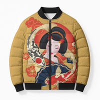 Japanese Geisha Koi Fish Bomber Puffer Jacket Cherry Blossoms Yellow Seigaiha Pattern - Wonder Print Shop