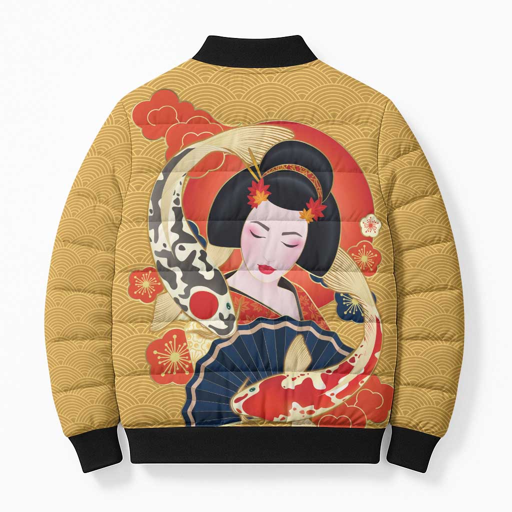 Japanese Geisha Koi Fish Bomber Puffer Jacket Cherry Blossoms Yellow Seigaiha Pattern - Wonder Print Shop