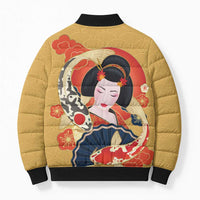 Japanese Geisha Koi Fish Bomber Puffer Jacket Cherry Blossoms Yellow Seigaiha Pattern - Wonder Print Shop