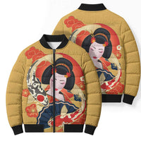 Japanese Geisha Koi Fish Bomber Puffer Jacket Cherry Blossoms Yellow Seigaiha Pattern - Wonder Print Shop